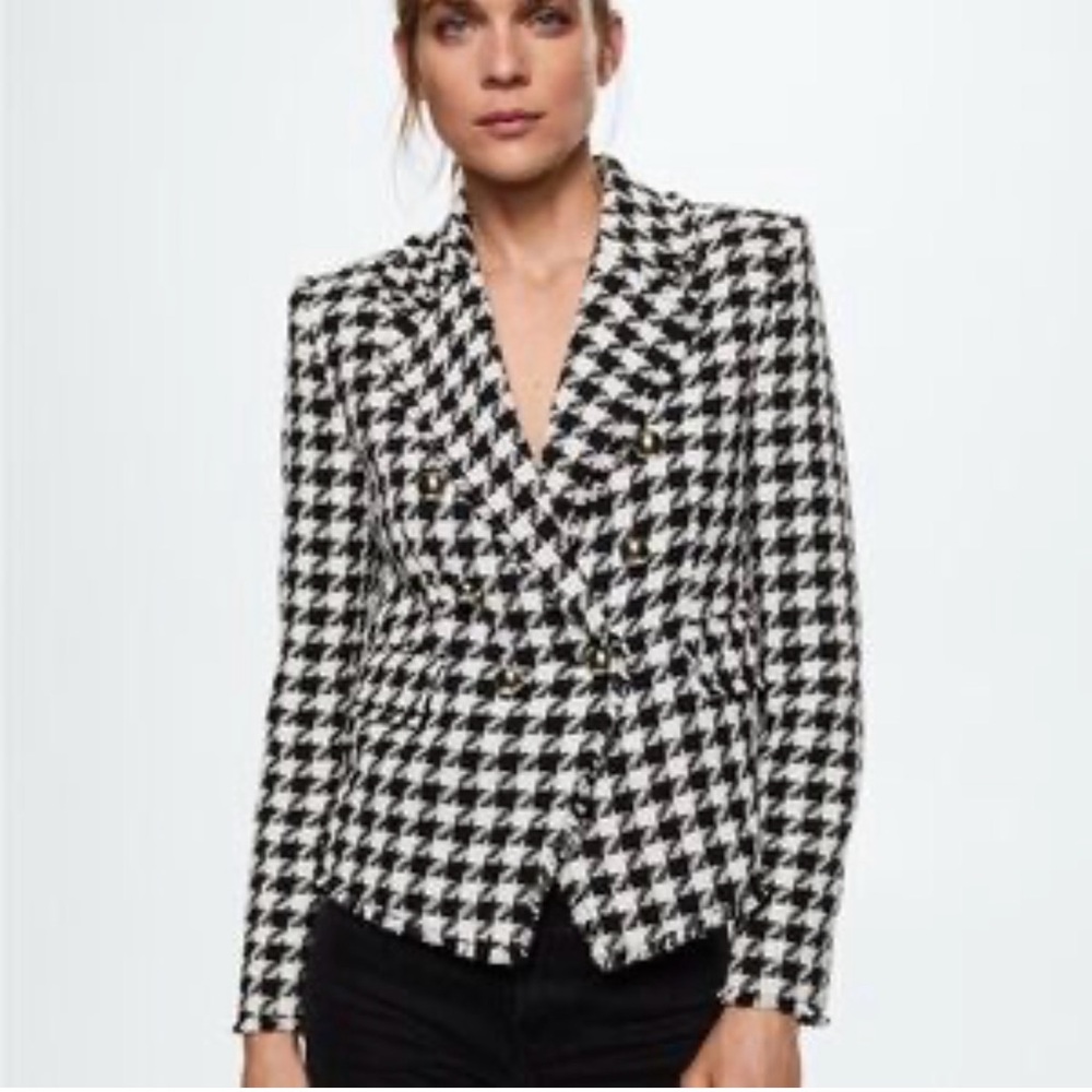 Mango Black & White Houndstooth Fringe Tweed Blazer